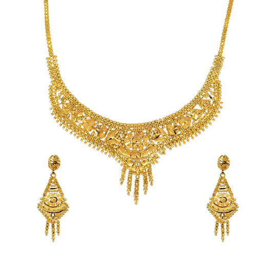 22kt gold bridal necklace set with antique finish, featuring handcrafted floral motifs, layered beadwork, and matching triangular jhumka earrings – 32.33 gm (RJOMS3028), handcrafted by Regal Jewels Chicago.