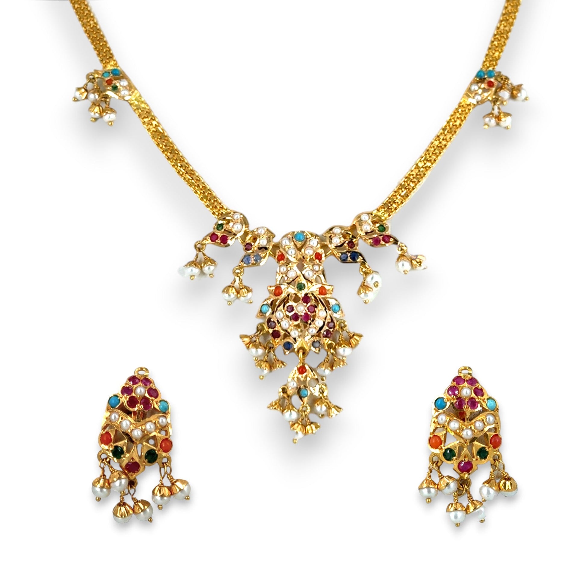 22kt gold bridal necklace set with multicolor gemstones and pearl accents, featuring an intricate floral motif and matching drop earrings – 25.47 gm (RJOMS3029), handcrafted by Regal Jewels Chicago.