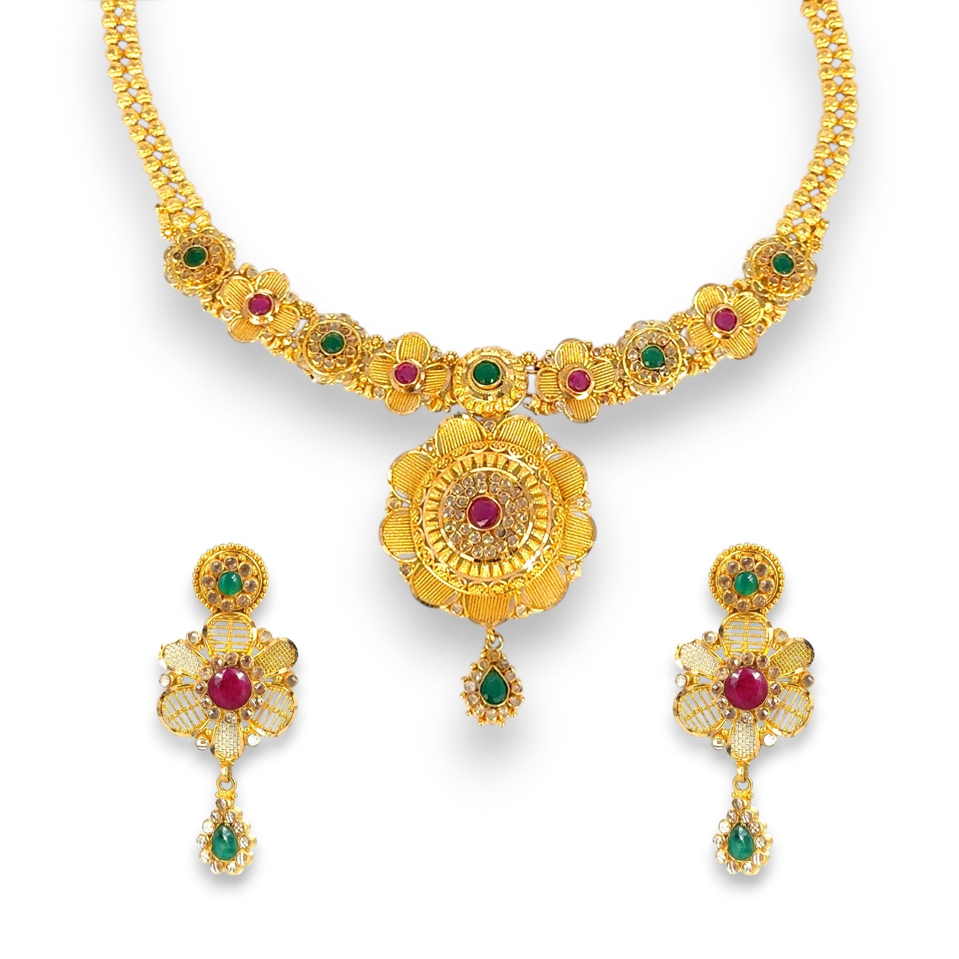 22kt gold bridal necklace set featuring floral motifs with ruby and emerald gemstones, intricate filigree detailing, and matching drop earrings – 55.90 gm (RJOMS3030), handcrafted by Regal Jewels Chicago.