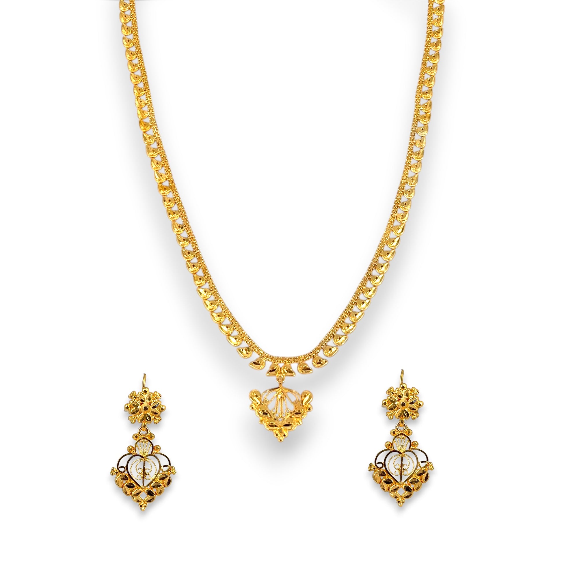 22kt gold necklace set with dual-tone floral filigree design, featuring a heart-shaped pendant and matching drop earrings – 32.16 gm (RJOMS3032), handcrafted by Regal Jewels Chicago.