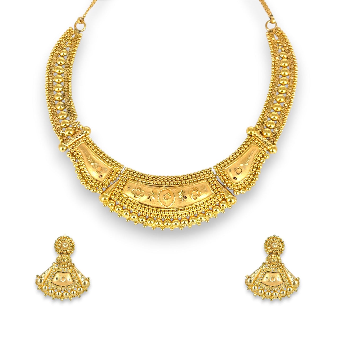 22kt gold antique bridal necklace set with traditional temple-inspired choker design featuring engraved floral motifs, intricate beadwork, and matching dome earrings – 44.43 gm (RJOMS3033), handcrafted by Regal Jewels Chicago.