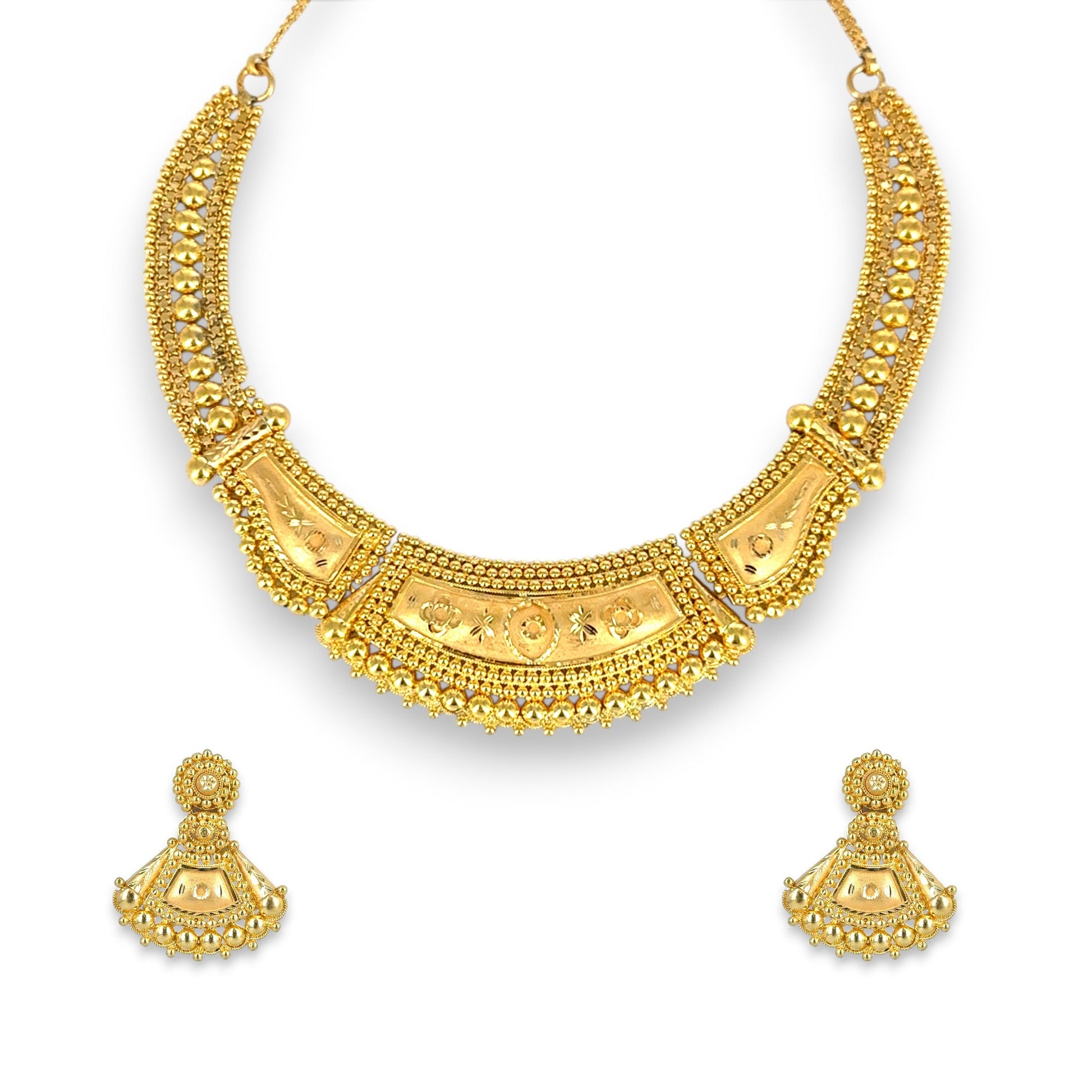 22kt gold antique bridal necklace set with traditional temple-inspired choker design featuring engraved floral motifs, intricate beadwork, and matching dome earrings – 44.43 gm (RJOMS3033), handcrafted by Regal Jewels Chicago.