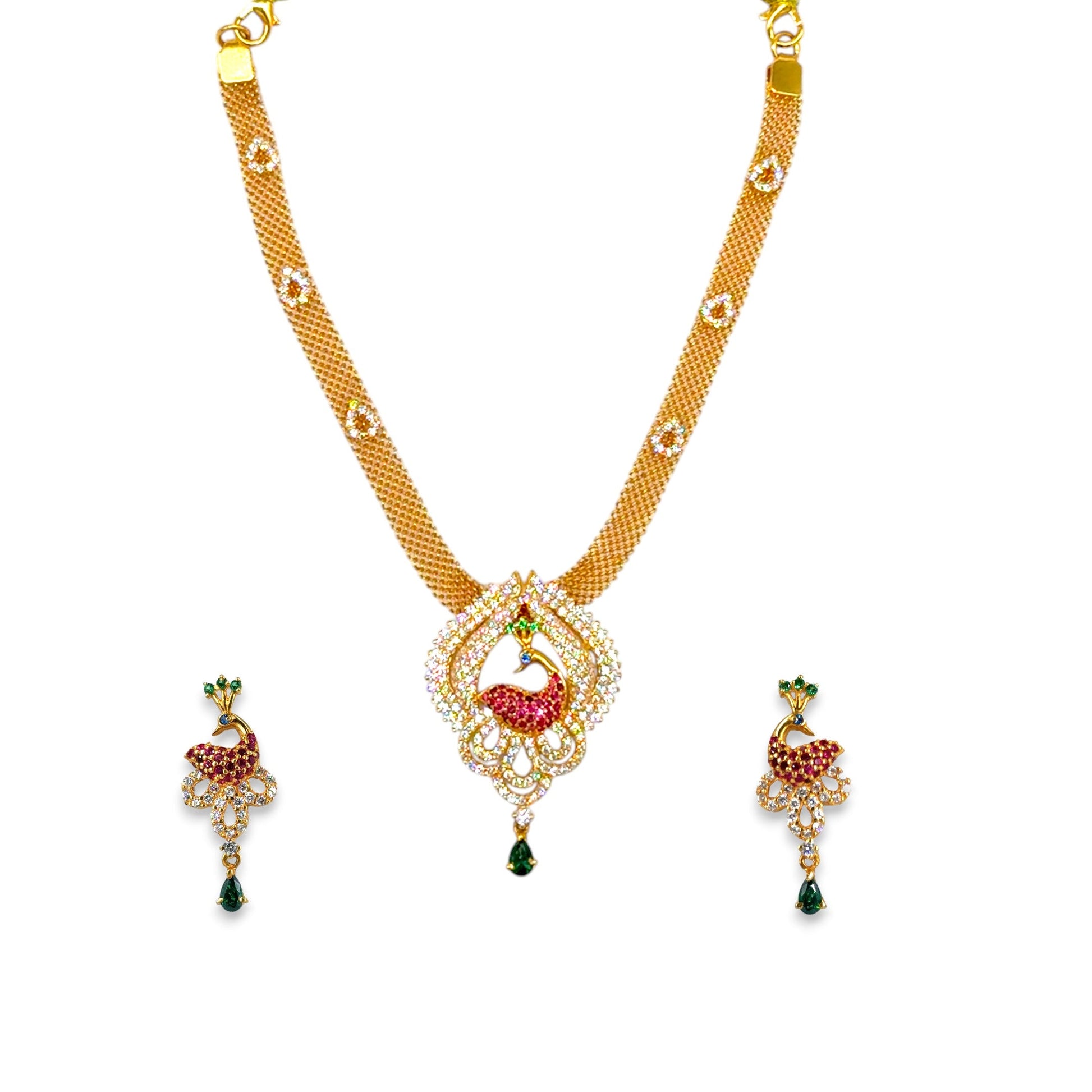 22kt Gold Necklace Set RJOMS3036 featuring a peacock-inspired pendant with ruby, emerald, and white stone embellishments on a textured gold mesh chain, paired with matching peacock motif earrings – an elegant handcrafted jewelry set from Regal Jewels Chicago.