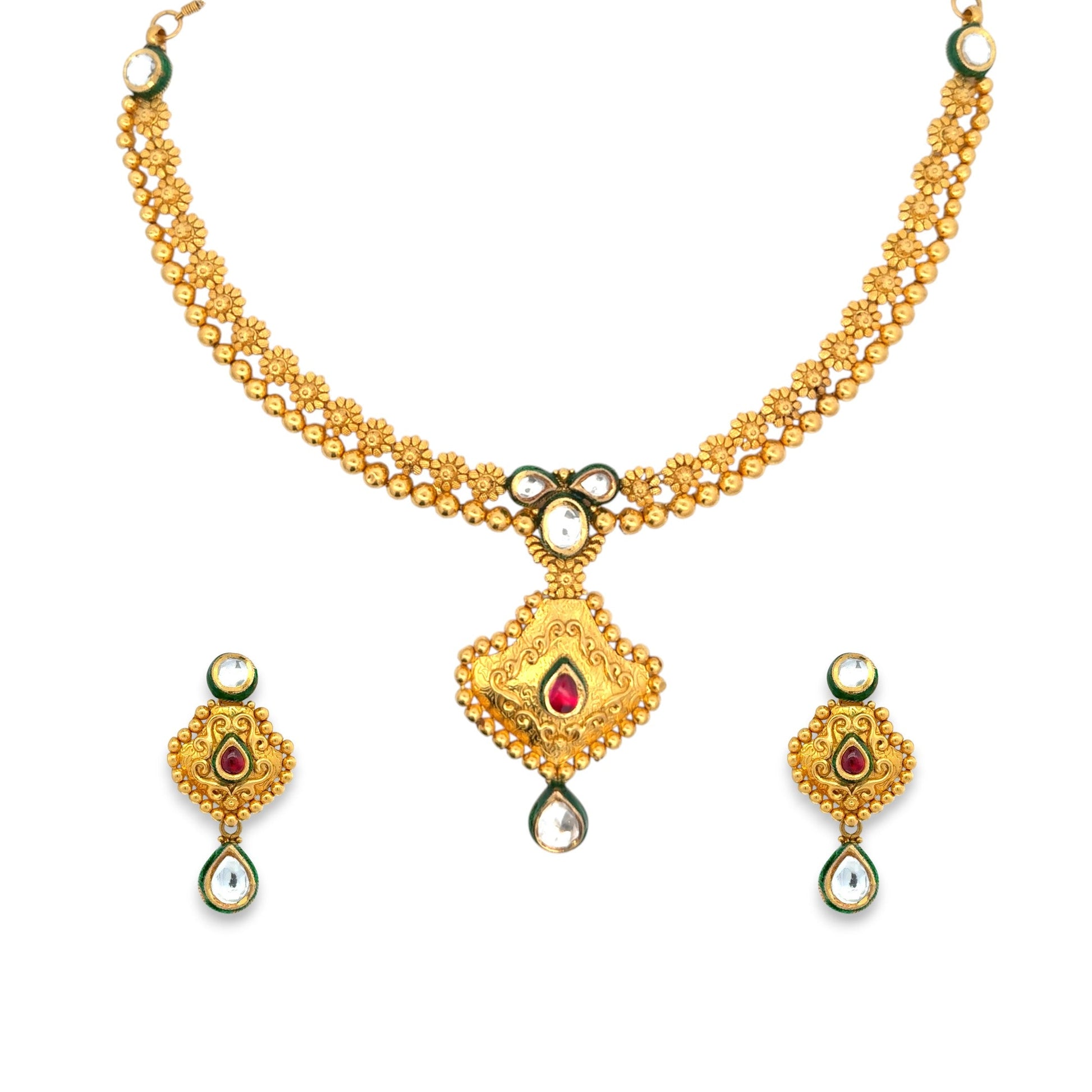 22K gold antique necklace set with floral bead chain, ruby centerpiece, kundan stones, and matching teardrop earrings – 56.91 gm, RJOMS3044 – Regal Jewels Chicago.