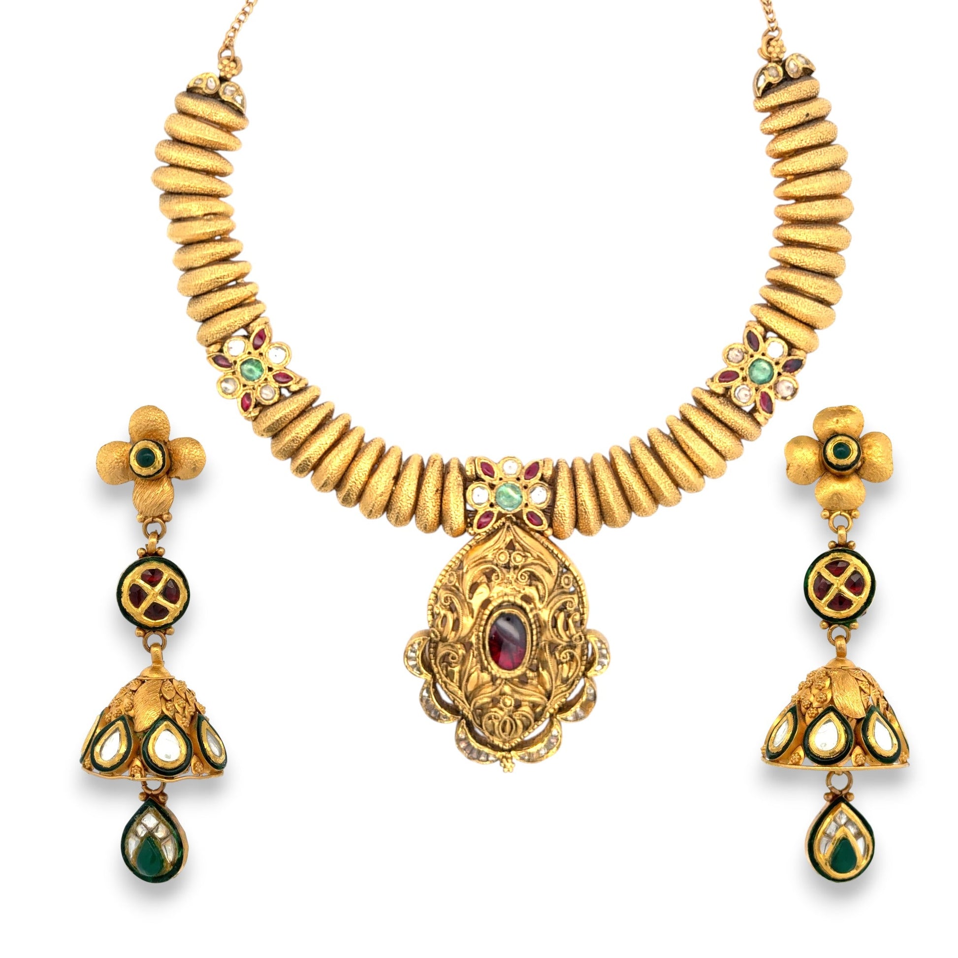 22K gold temple necklace set featuring Goddess Lakshmi pendant with red and green enamel accents, gold bead chain, and matching jhumka-style earrings – 53.10 gm, RJOMS3063 – Regal Jewels Chicago.