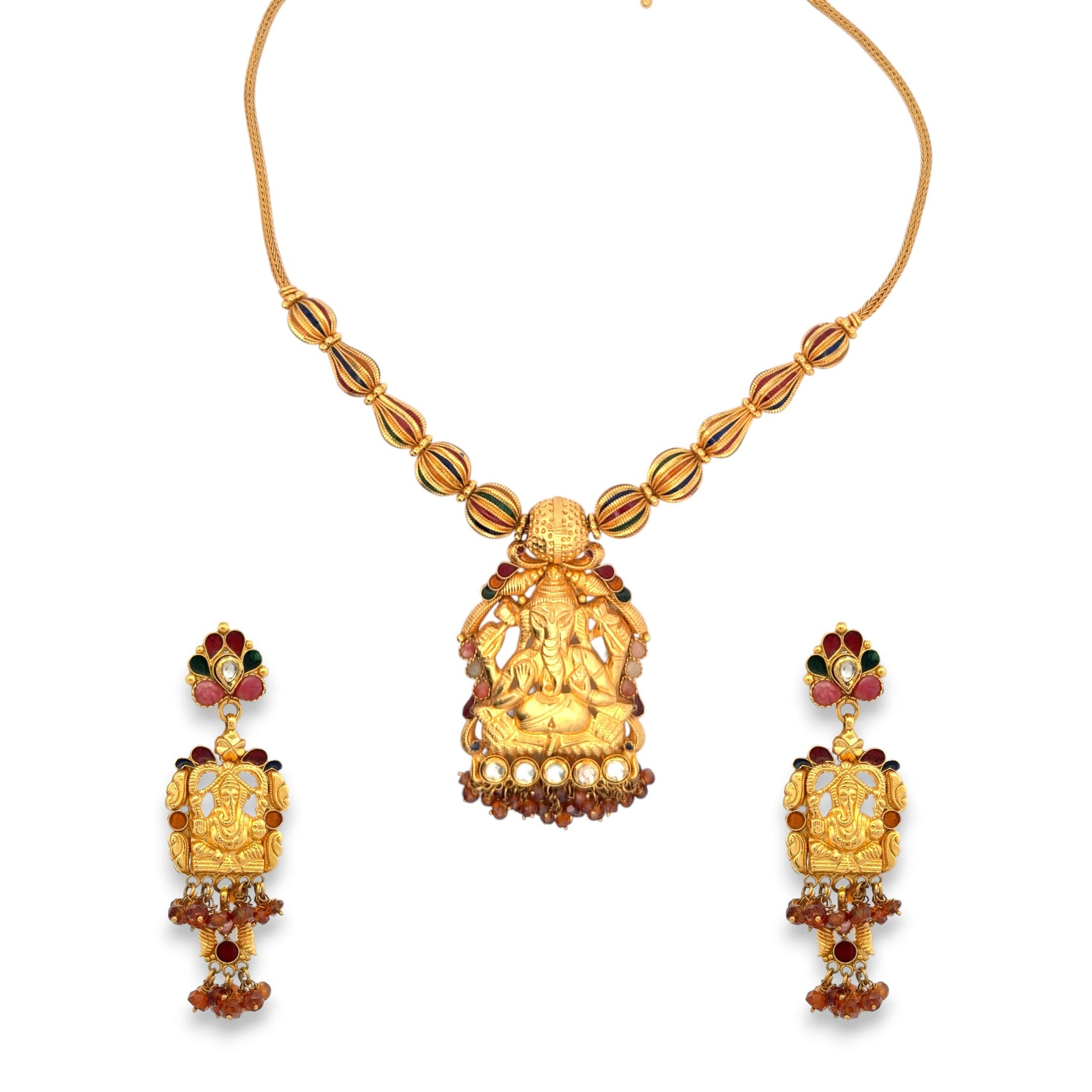 22K gold temple necklace set featuring Lord Ganesh pendant with red and green enamel accents, gold bead chain, and matching jhumka-style earrings – 53.10 gm, RJOMS3063 – Regal Jewels Chicago.