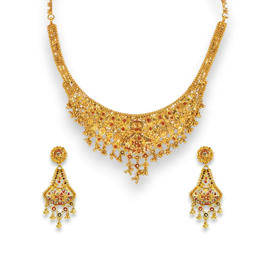 22kt Gold Bridal Necklace Set with Red Enamel Filigree Design – 53.9 gm – RJOSS3003 – Regal Jewels Chicago