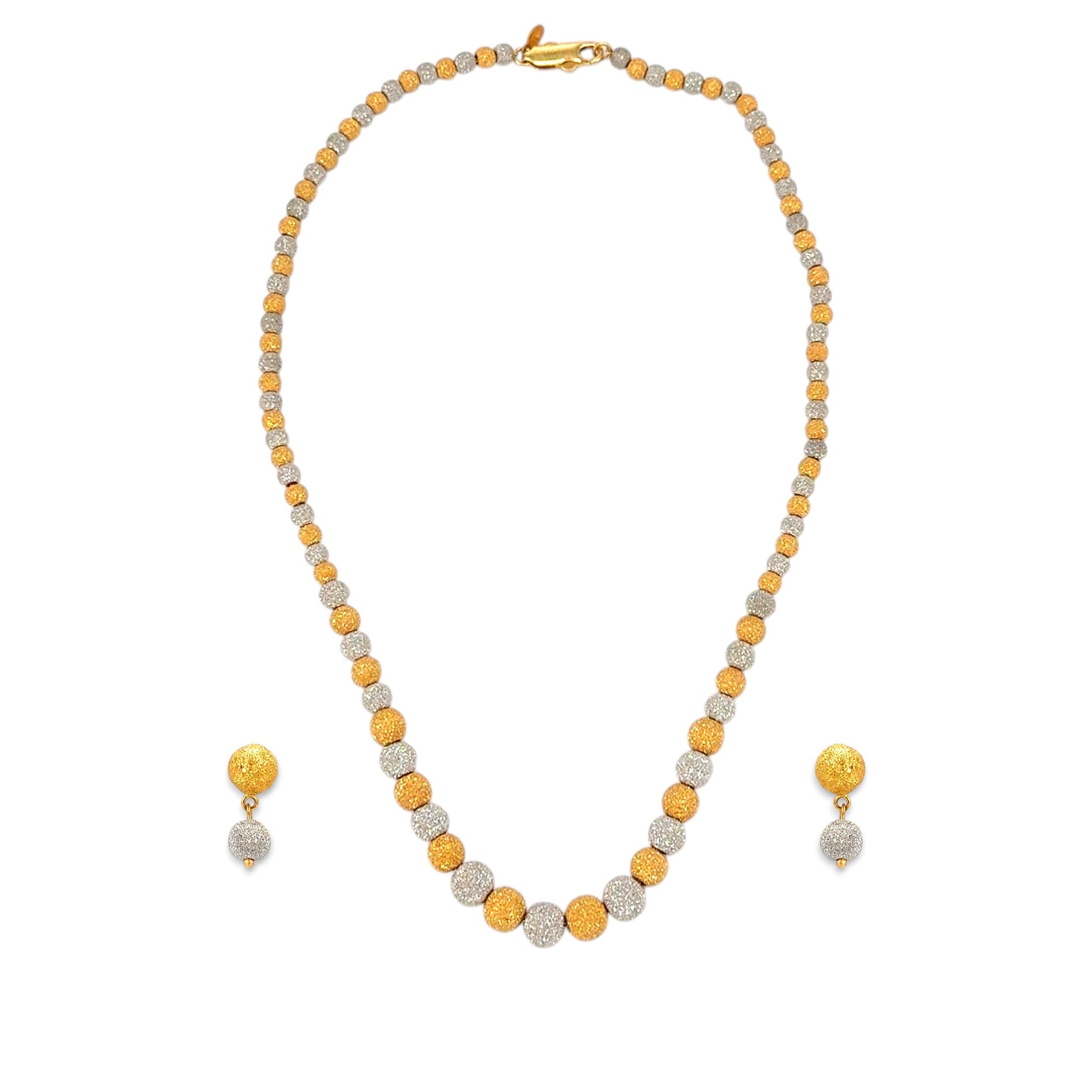 22kt Gold Ladies Necklace Set RJOSS3007 featuring alternating yellow and white gold textured beads in a dual-tone spherical pattern, paired with matching drop earrings – elegant handcrafted jewelry from Regal Jewels Chicago.