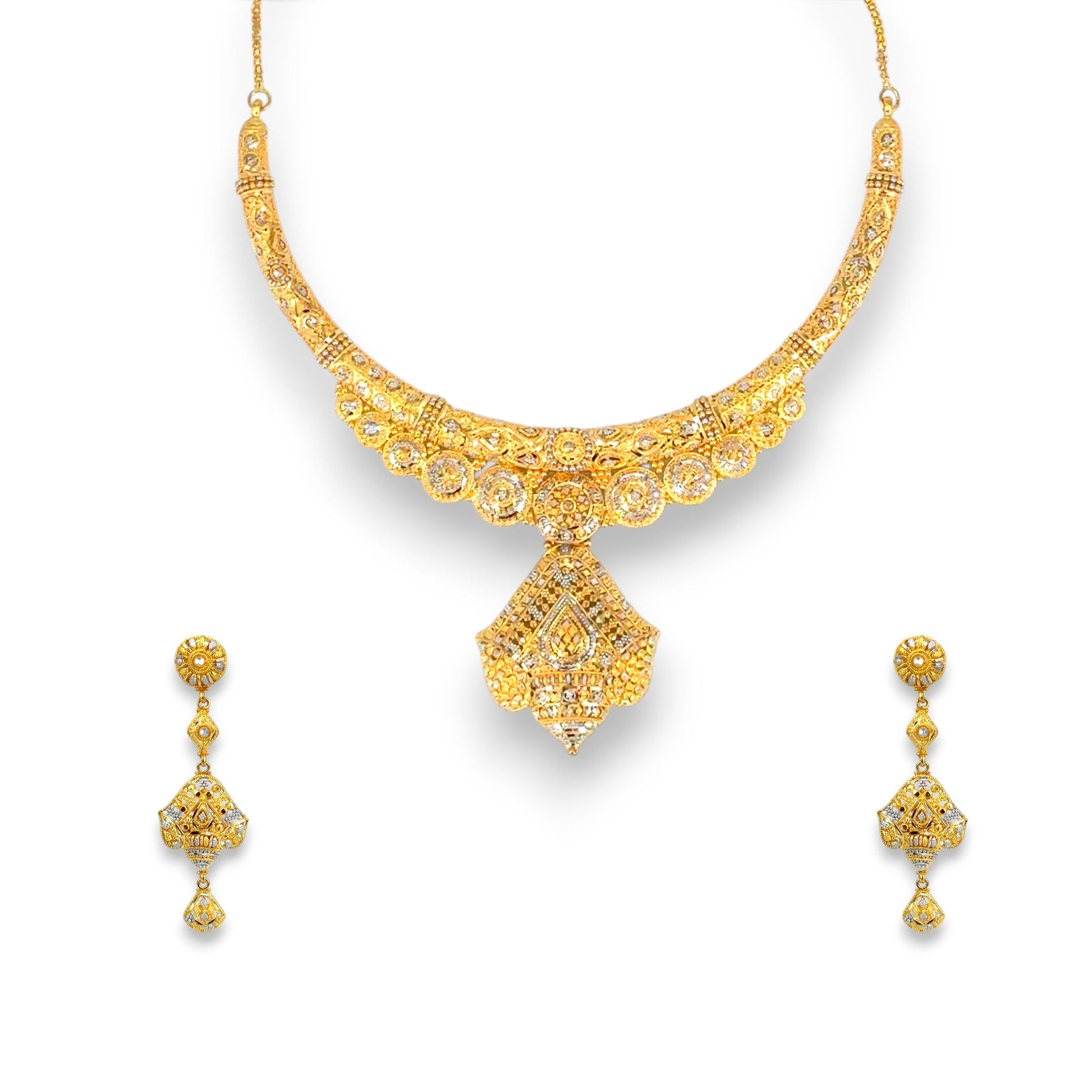 22kt Gold Bridal Necklace Set with Temple-Inspired Floral Design – 66.8 gm – RJOSS3011 – Regal Jewels Chicago