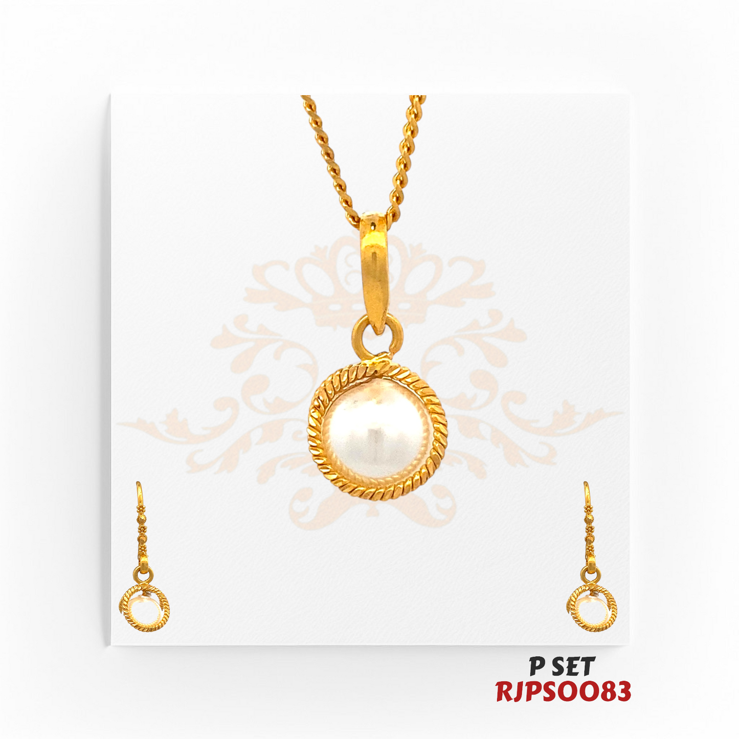 22kt Gold Pearl Pendant Set RJPS0083 – A 7.20-gram pendant set featuring a natural pearl encased in 22kt gold with matching drop earrings. Available at Regal Jewels.