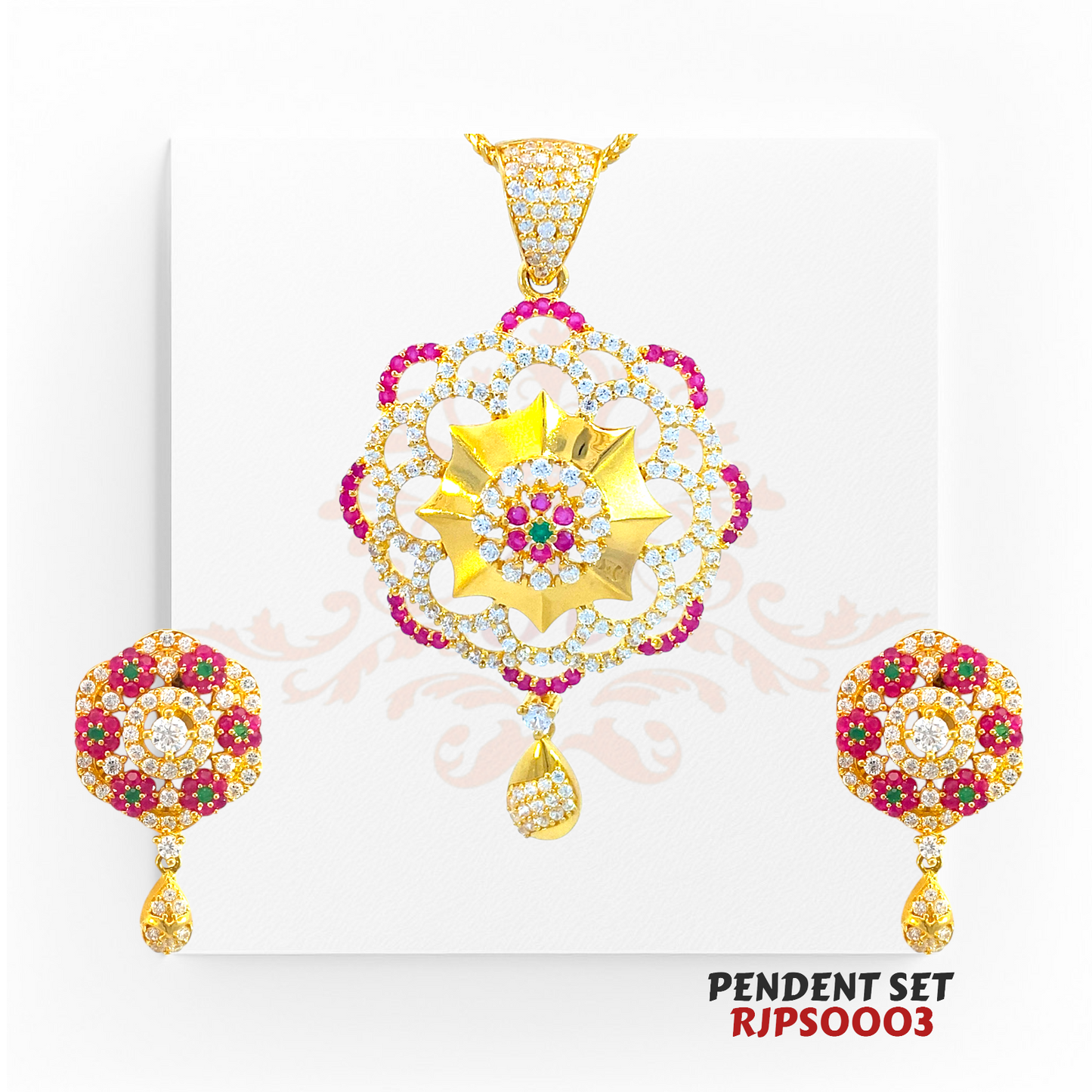 22kt Gold Floral Pendant Set RJPS0003 – A 16.30-gram intricately designed gold pendant set with gemstone embellishments, available at Regal Jewels.