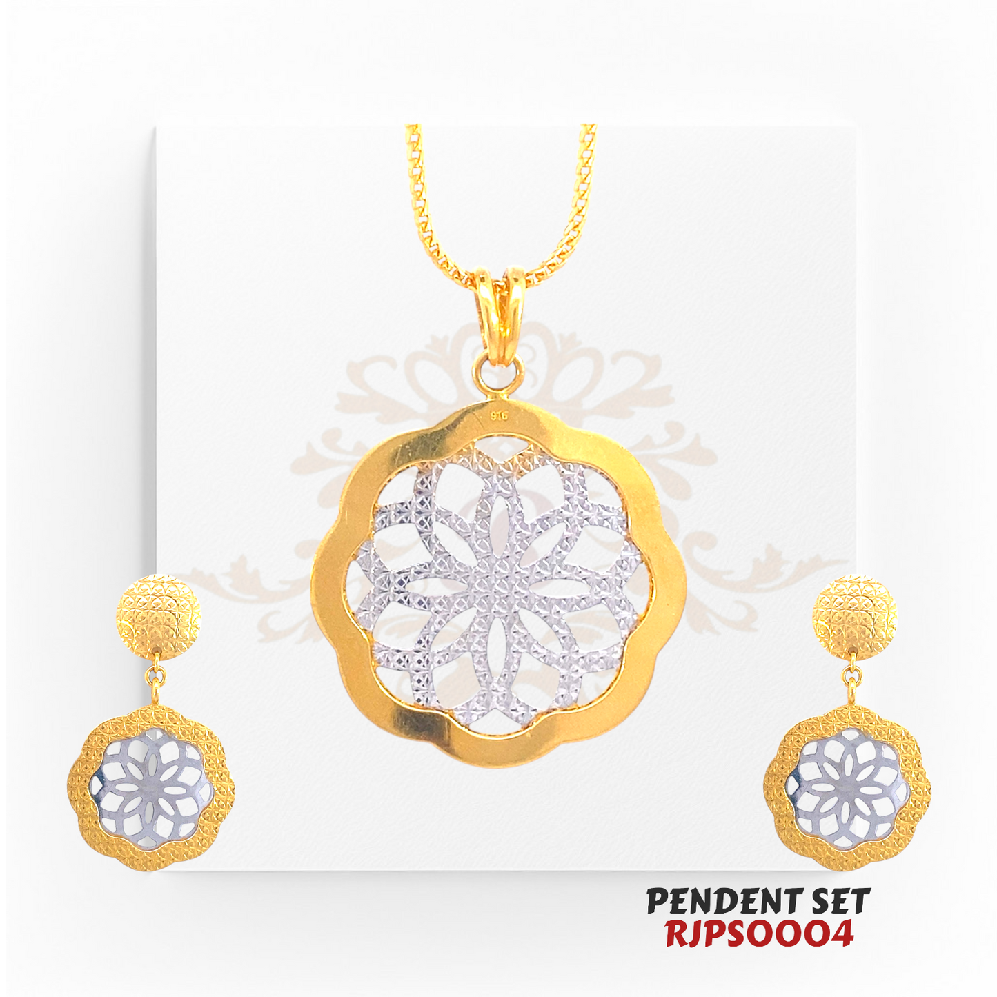 22kt Two-Tone Gold Filigree Pendant Set RJPS0004 – A 14.60-gram intricately designed floral pendant set with rhodium accents, available at Regal Jewels.
