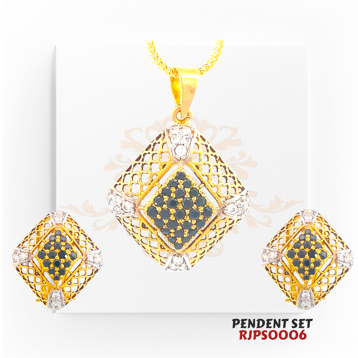 22kt Gold Black Diamond Lattice Pendant Set RJPS0006 – A 14.90-gram designer gold pendant set featuring a lattice pattern with black diamonds and white stone accents. Available at Regal Jewels.