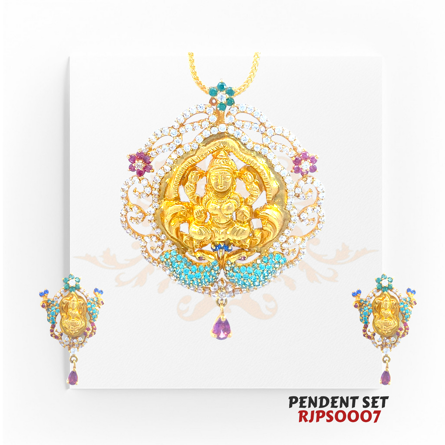 22kt Gold Goddess Lakshmi Temple Pendant Set RJPS0007 – A 23.40-gram gold pendant set featuring an intricately crafted Lakshmi motif, adorned with gemstones. Available at Regal Jewels.