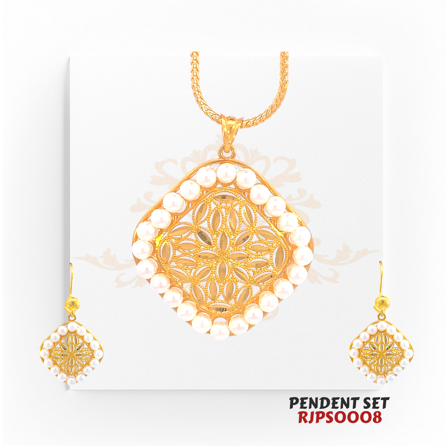 22kt Gold Filigree & Pearl Pendant Set RJPS0008 – A 10.20-gram gold pendant set featuring a delicate filigree design encased in pearls. Available at Regal Jewels.