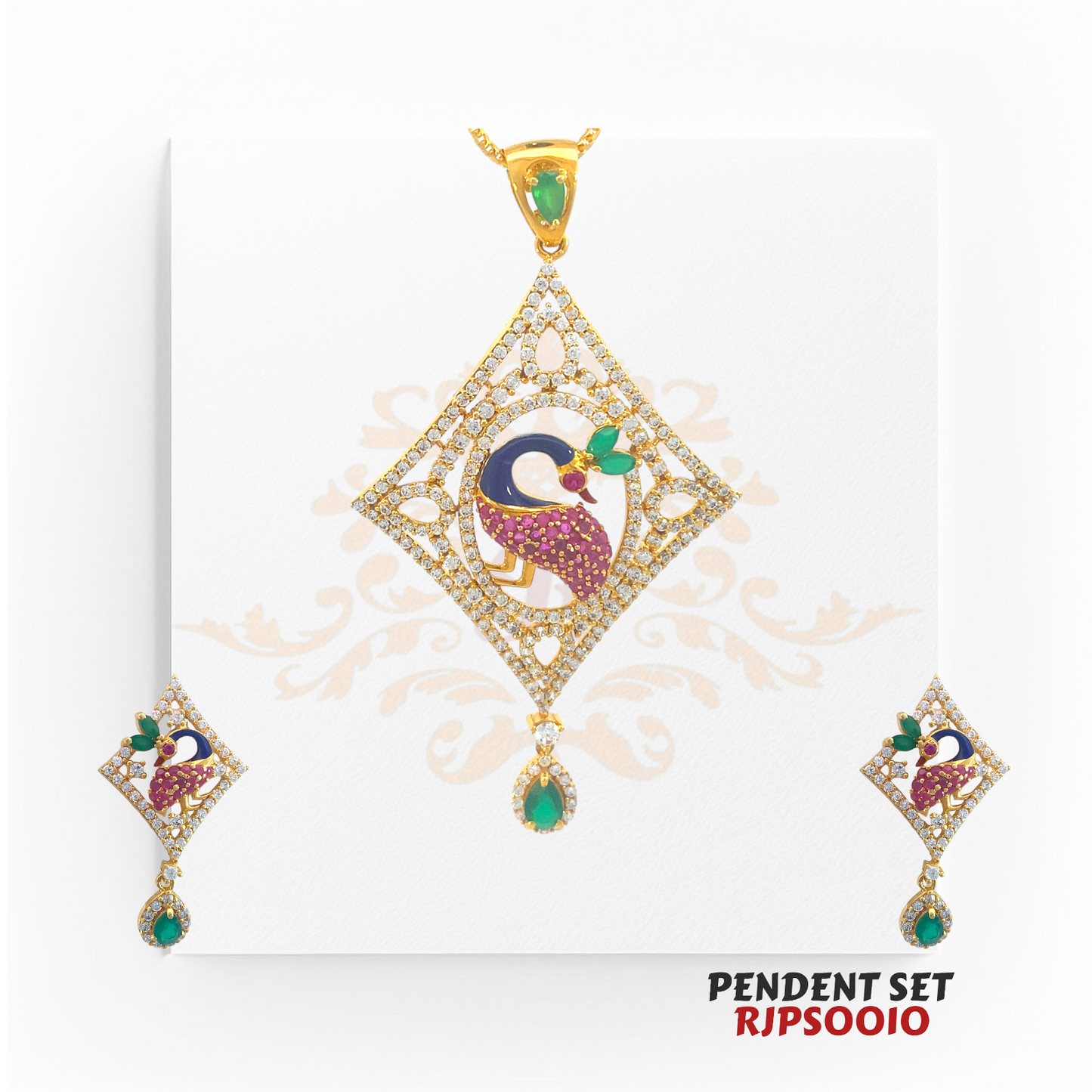 22kt Gold & CZ Peacock Pendant Set RJPS0010 – A 15.90-gram statement gold pendant set featuring a peacock motif, CZ stones, and emerald accents. Available at Regal Jewels.