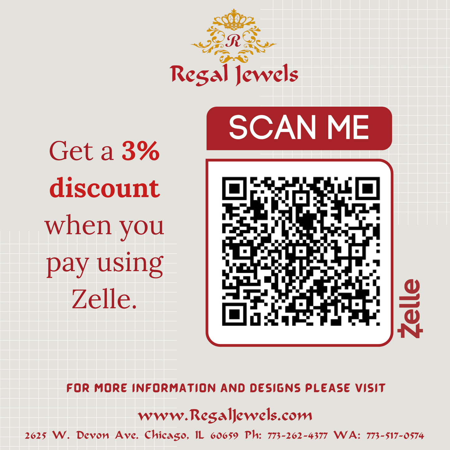 Regal Jewels advertisement with QR code for Zelle payment discount on a light gray background