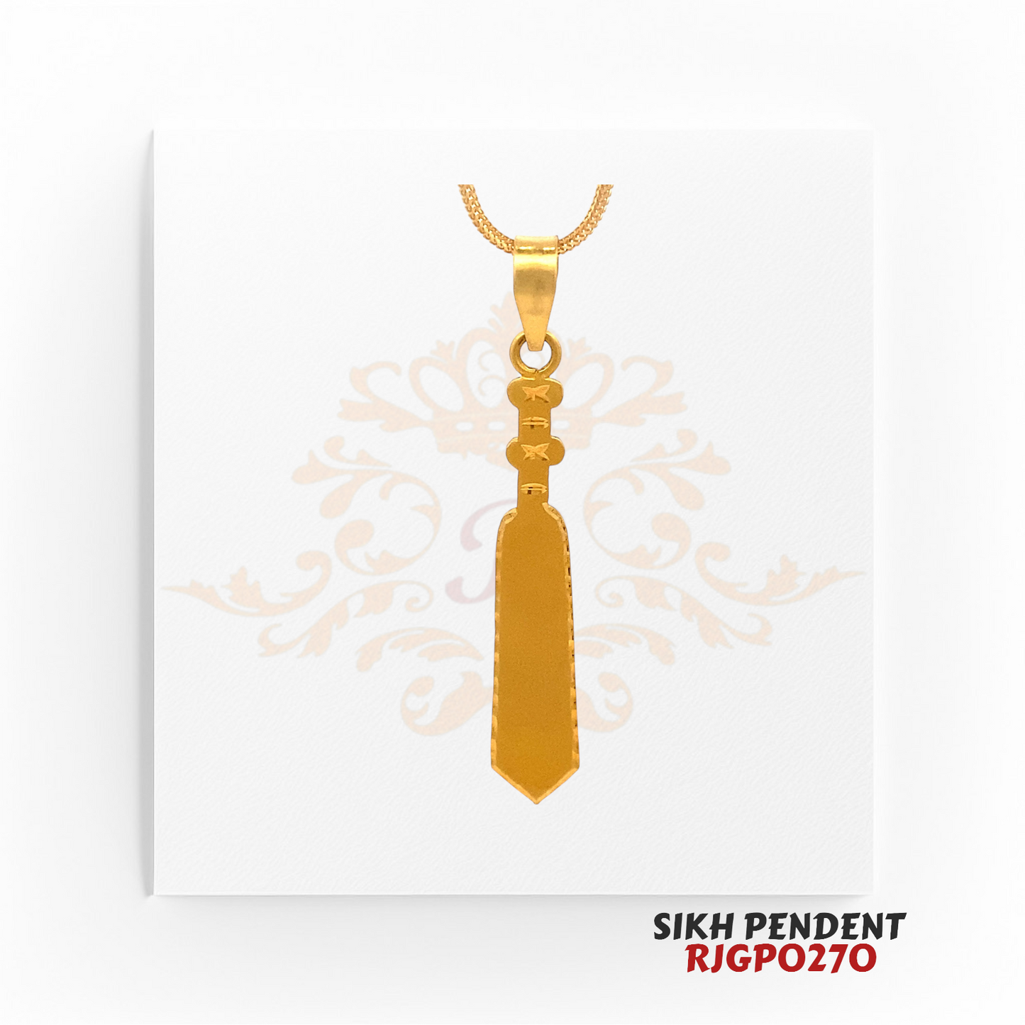22kt Gold Sikh Pendant RJGPO270 – A finely crafted 22kt gold pendant shaped like a traditional Sikh Kirpan (sword). Weighs 5.70 grams, measuring 2.00 inches in length and 0.25 inches in width. A bold symbol of faith, strength, and heritage, perfect for Sikh devotees. Available at Regal Jewels.
