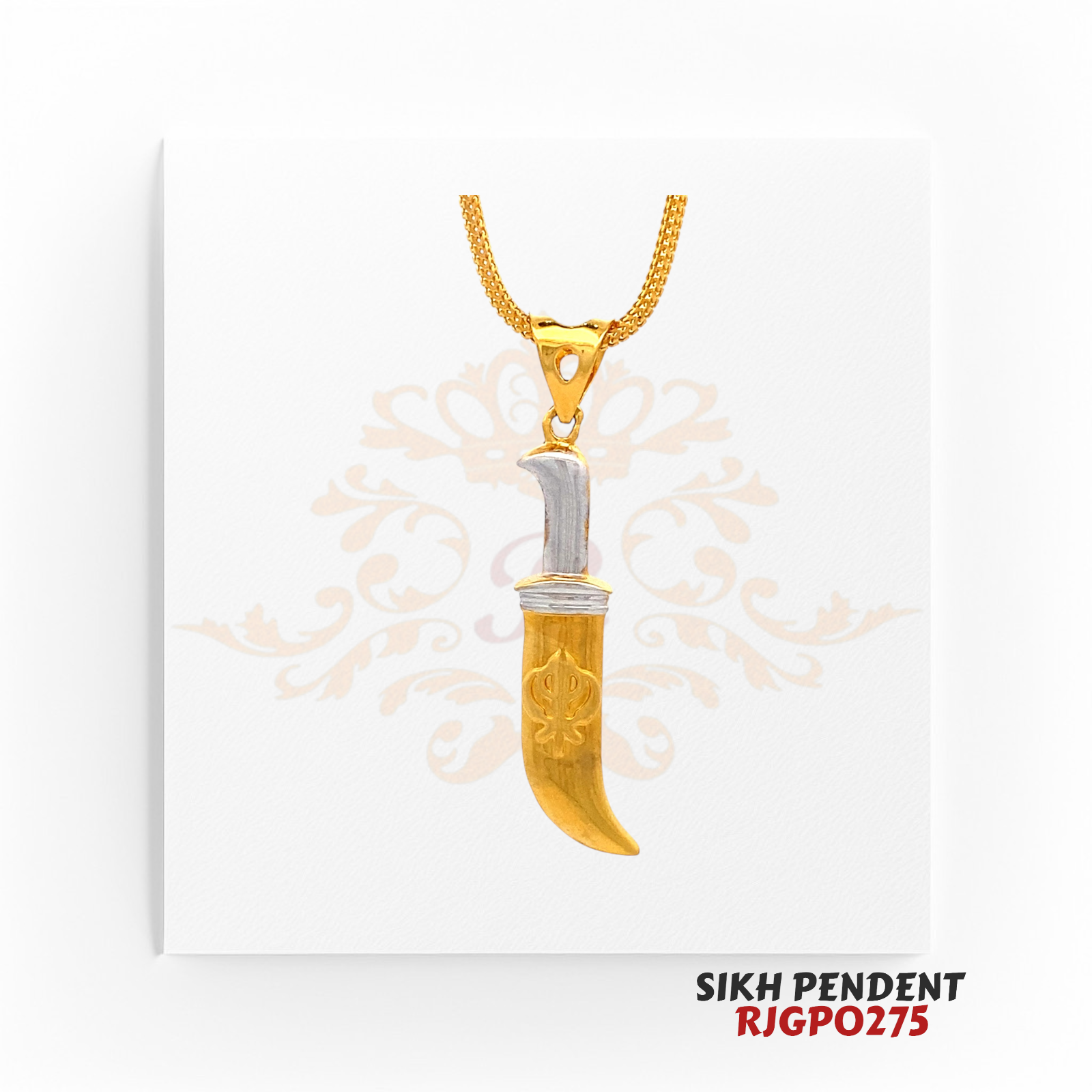 22kt Gold Sikh Kirpan Pendant RJGPO275 – A finely crafted 22kt gold Kirpan pendant with white gold accents on the handle and a Khanda engraving. Weighs 2.50 grams and measures 1.5 inches in length and 0.25 inches in width. A symbolic representation of Sikh valor, available at Regal Jewels.