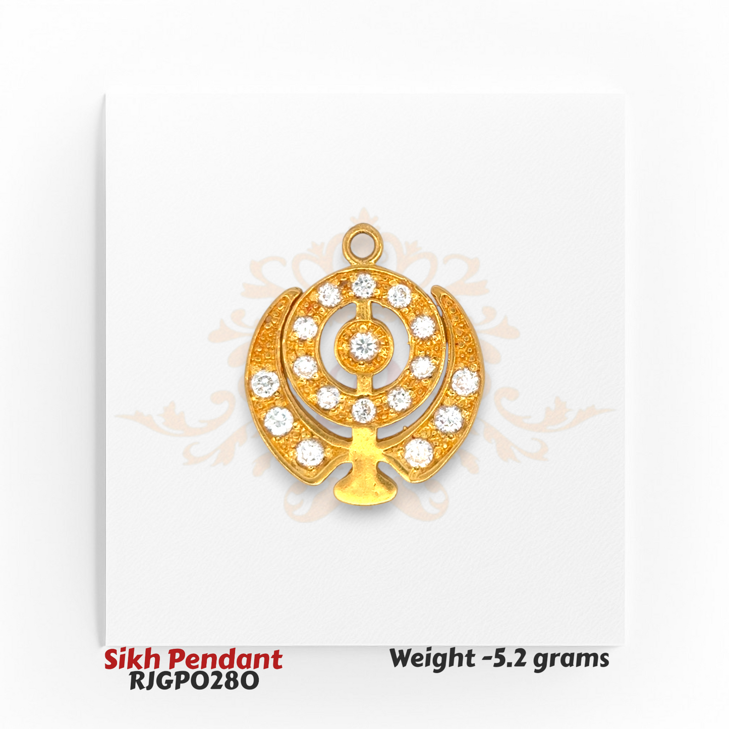 22kt Gold Sikh Pendant with CZ Stones – Khanda Design 5.2 gm Spiritual Gold Jewelry – Regal Jewels Chicago