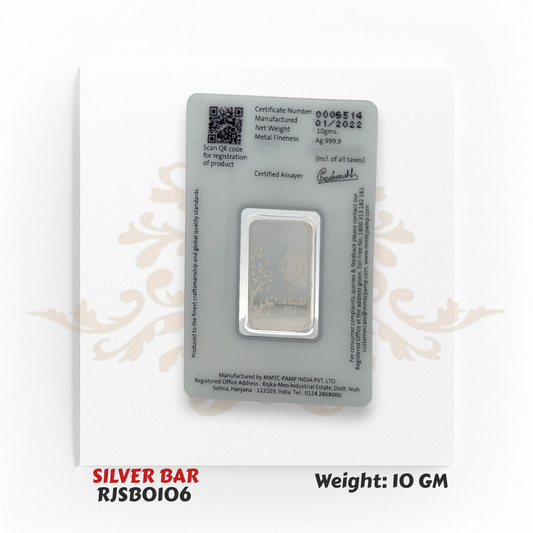 10 gram 999.9 pure silver bar with tree of life design in MMTC PAMP packaging – Regal Jewels Chicago RJSB0106