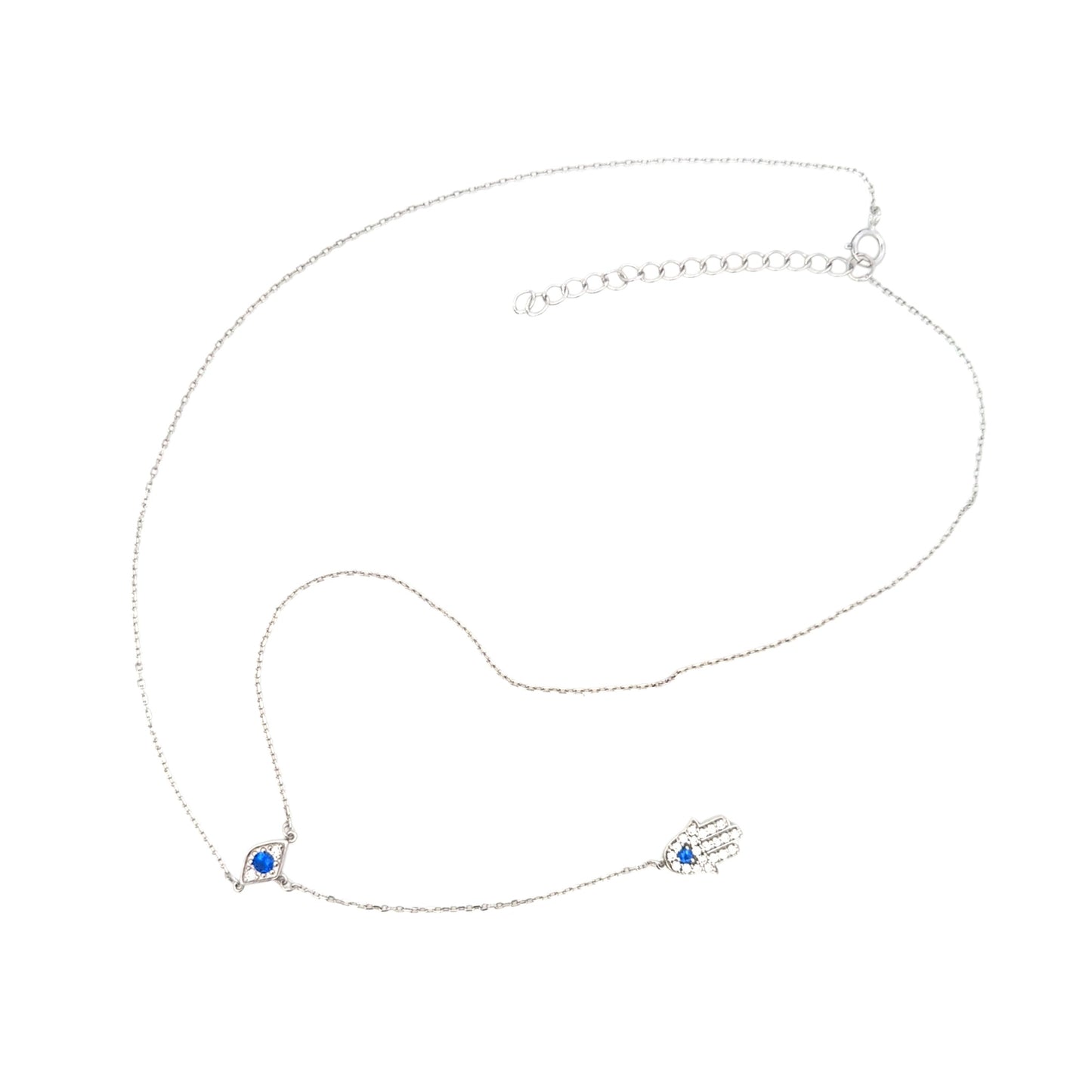 Sterling silver chain with lariat design featuring evil eye charm with blue stone and Hamsa hand pendant for protection and elegance – Regal Jewels Chicago RJSC0003