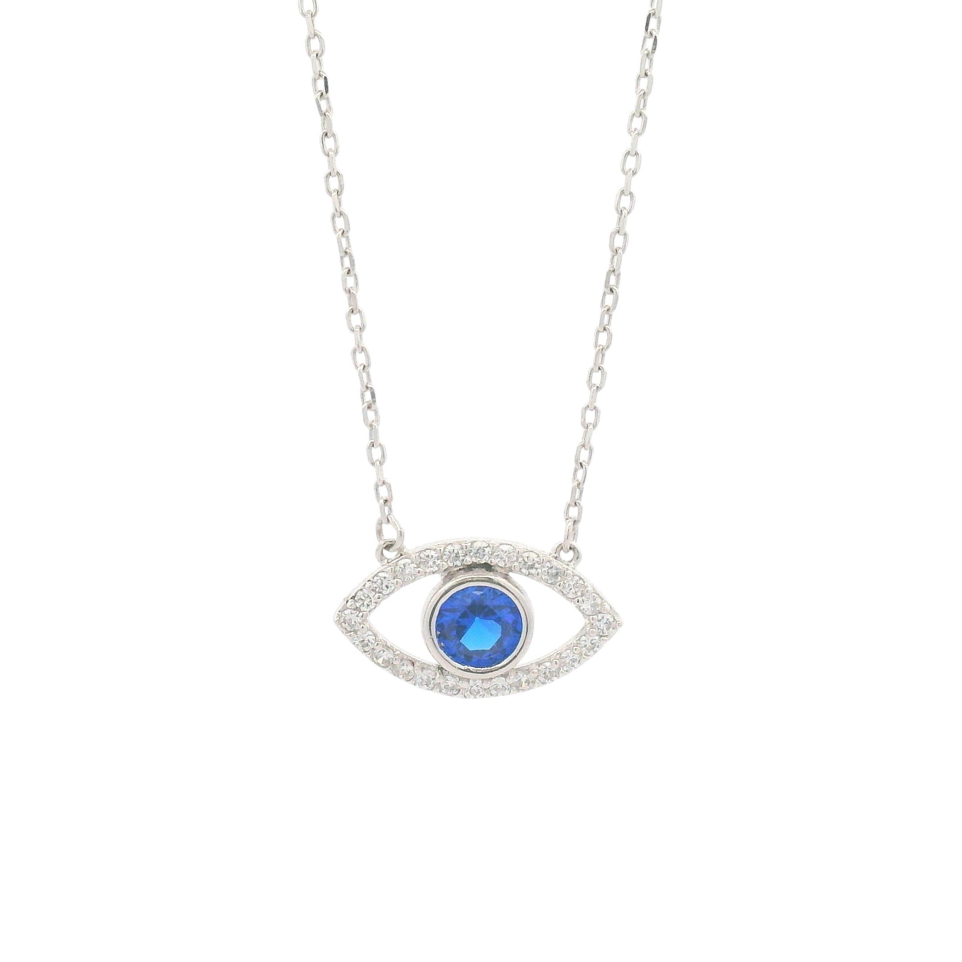Sterling silver evil eye pendant necklace with round blue sapphire-like center stone and cubic zirconia border for protection and elegance – Regal Jewels Chicago RJSC0004