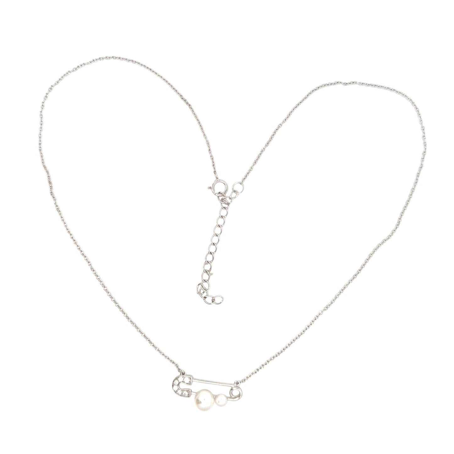 Sterling silver chain with safety pin pendant featuring pearls and cubic zirconia accents, modern and stylish jewelry design – Regal Jewels Chicago RJSC0005