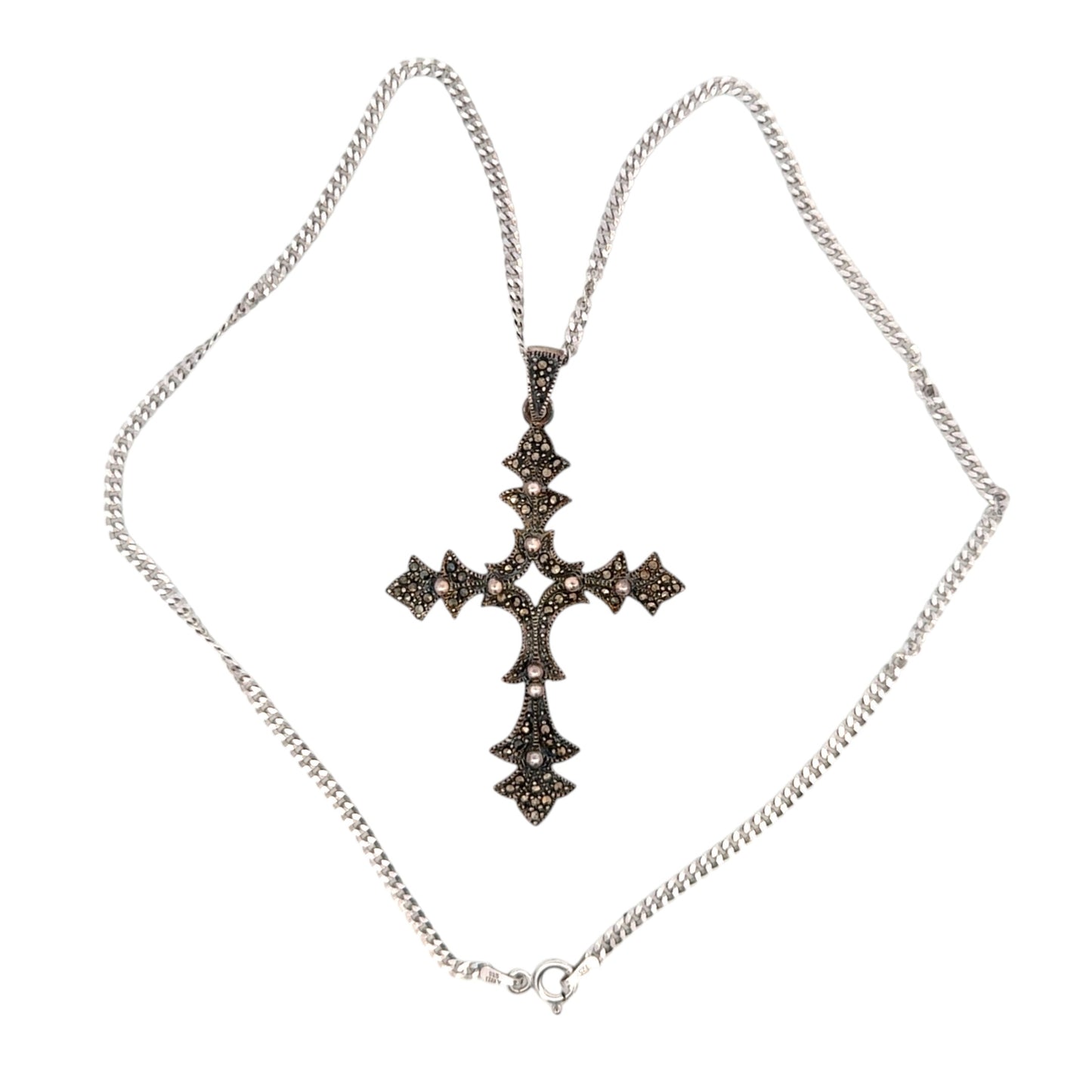 Sterling silver chain with ornate vintage-style cross pendant featuring marcasite accents, elegant religious jewelry – Regal Jewels Chicago RJSC0008
