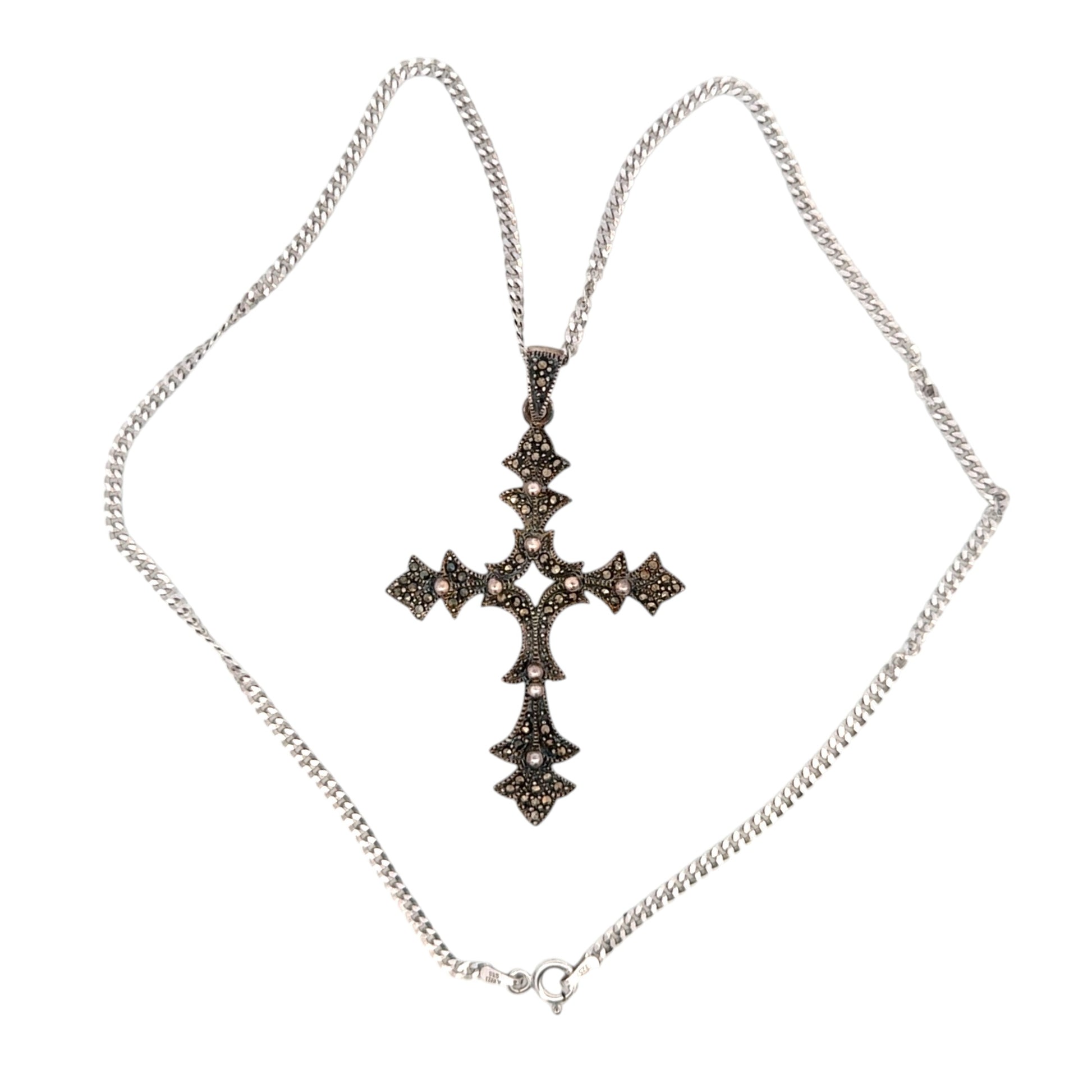 Sterling silver chain with ornate vintage-style cross pendant featuring marcasite accents, elegant religious jewelry – Regal Jewels Chicago RJSC0008