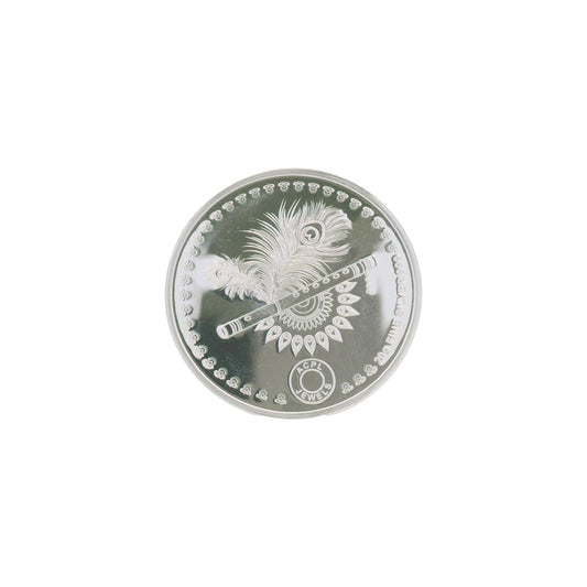 Regal Jewels RJSB0010A 20g fine silver coin engraved with Lord Krishna’s flute and peacock feather design, symbolizing divinity, love, and harmony – a devotional collectible ideal for puja rituals, gifting, and silver investments