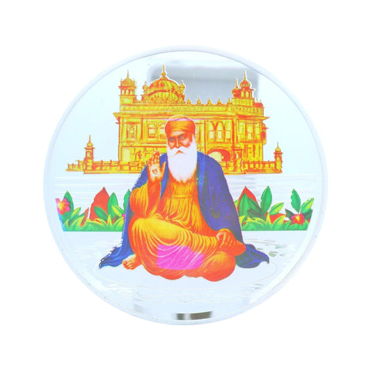 Regal Jewels RJSB0011 silver coin depicting Guru Nanak Dev Ji in front of the Golden Temple with colorful detailing – a devotional Sikh collectible ideal for gifting, religious ceremonies, and spiritual silver collections