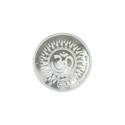 Regal Jewels RJSB0014A silver coin embossed with the sacred Om symbol and ornamental border design, crafted in pure silver – a spiritual collectible perfect for Hindu puja, meditation, gifting, and silver investments