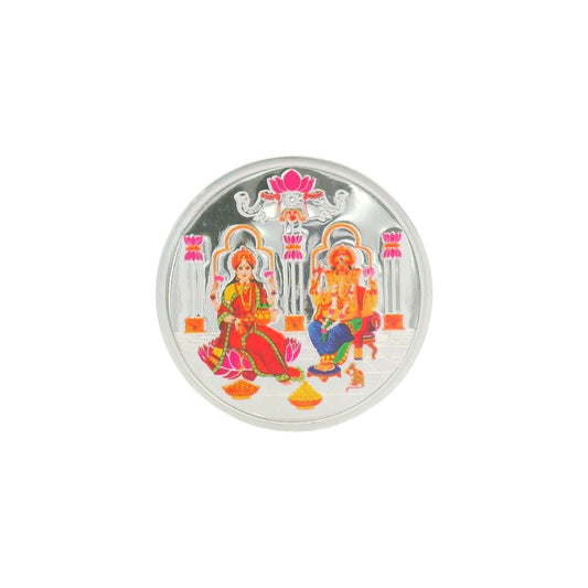 Regal Jewels RJSB0013 silver coin depicting Goddess Lakshmi and Lord Ganesha seated in a divine temple setting with lotus motifs and intricate detailing – perfect for Diwali gifting, Hindu puja rituals, and devotional silver collectibles