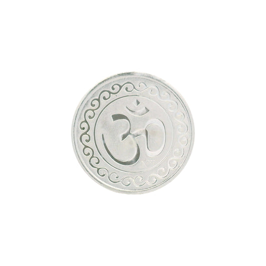 Regal Jewels RJSB0014A silver coin embossed with the sacred Om symbol and ornamental border design, crafted in pure silver – a spiritual collectible perfect for Hindu puja, meditation, gifting, and silver investments