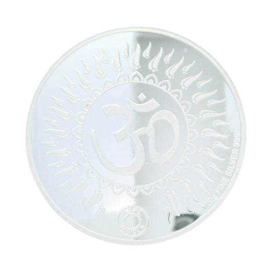 Regal Jewels RJSB0017A 100g fine silver coin embossed with the sacred Om symbol surrounded by radiant sun rays design – a spiritual collectible perfect for Hindu puja, meditation, gifting, and pure silver investments