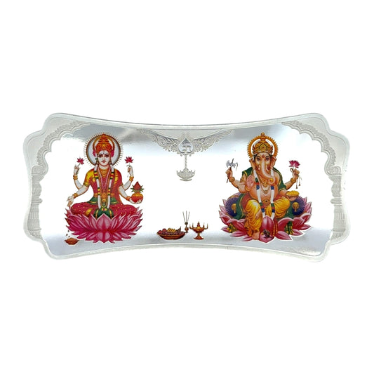 Silver pooja tray featuring Goddess Lakshmi and Lord Ganesha sitting on lotus flowers with traditional diya lamps and incense, Regal Jewels silver coin RJSB0018 – perfect for Diwali, gifting, and worship