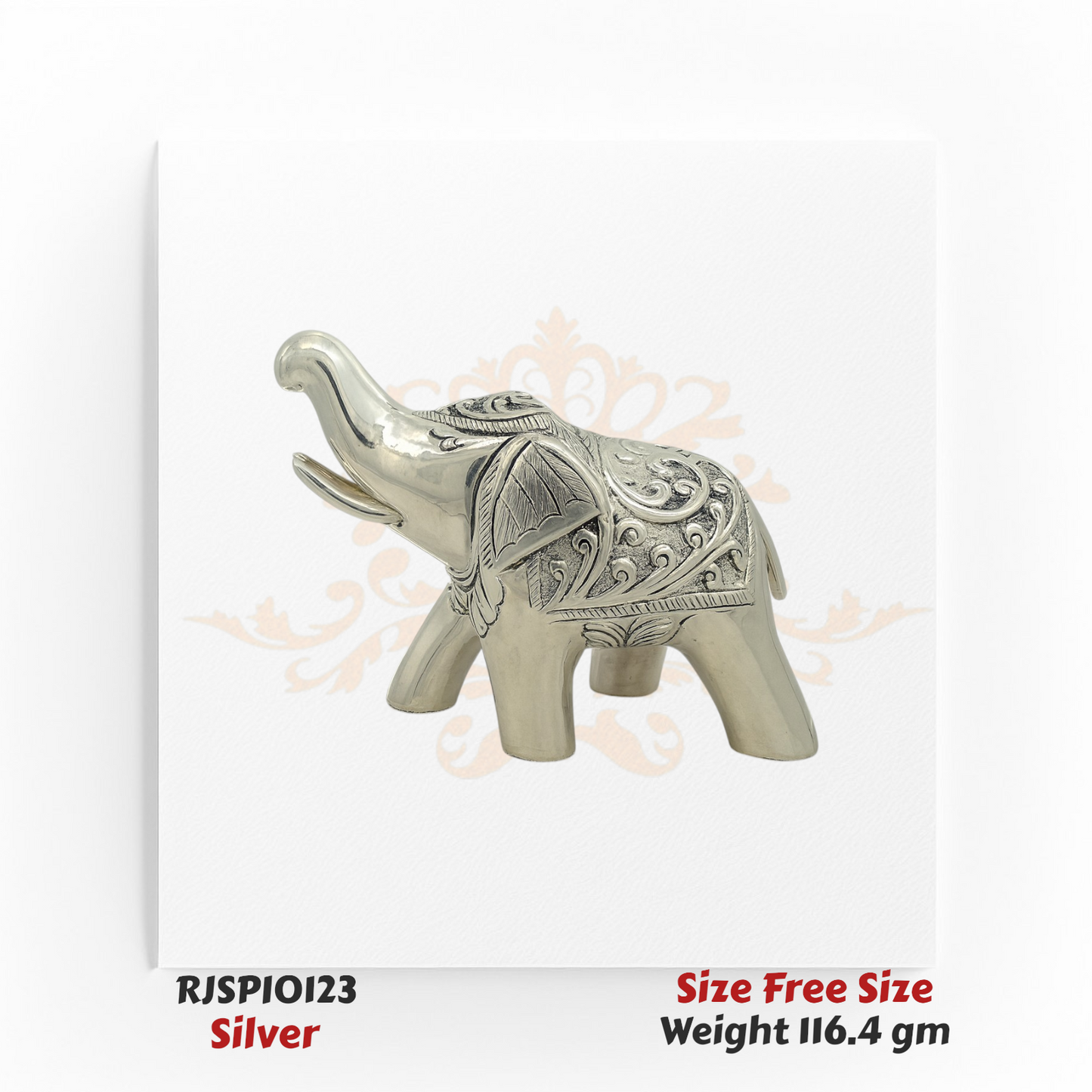 Silver elephant idol with detailed hand-carved patterns, decorative handcrafted statue weighing 116.4 grams – Model RJSPI0123, perfect for gifting and home decor.