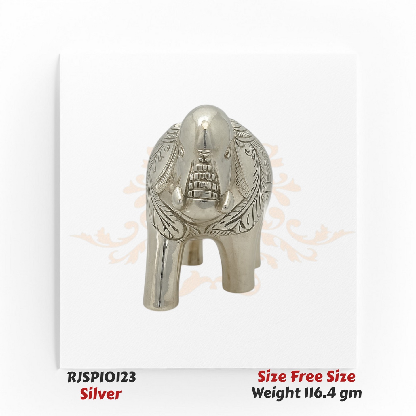 Silver elephant idol with engraved detailing, handcrafted decorative statue weighing 116.4 grams – Model RJSPI0123, perfect for gifting, vastu, and home decor.
