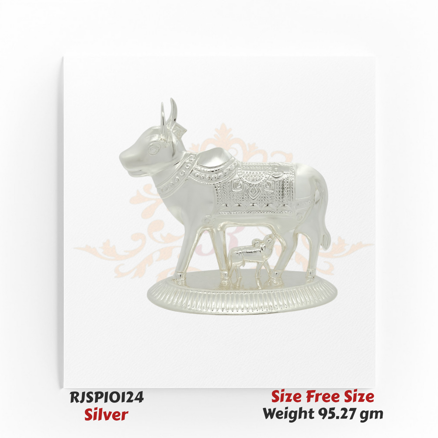 Silver Kamdhenu cow with calf idol, handcrafted with detailed carvings, spiritual statue weighing 95.27 grams – Model RJSPI0124, perfect for pooja, vastu, and gifting.