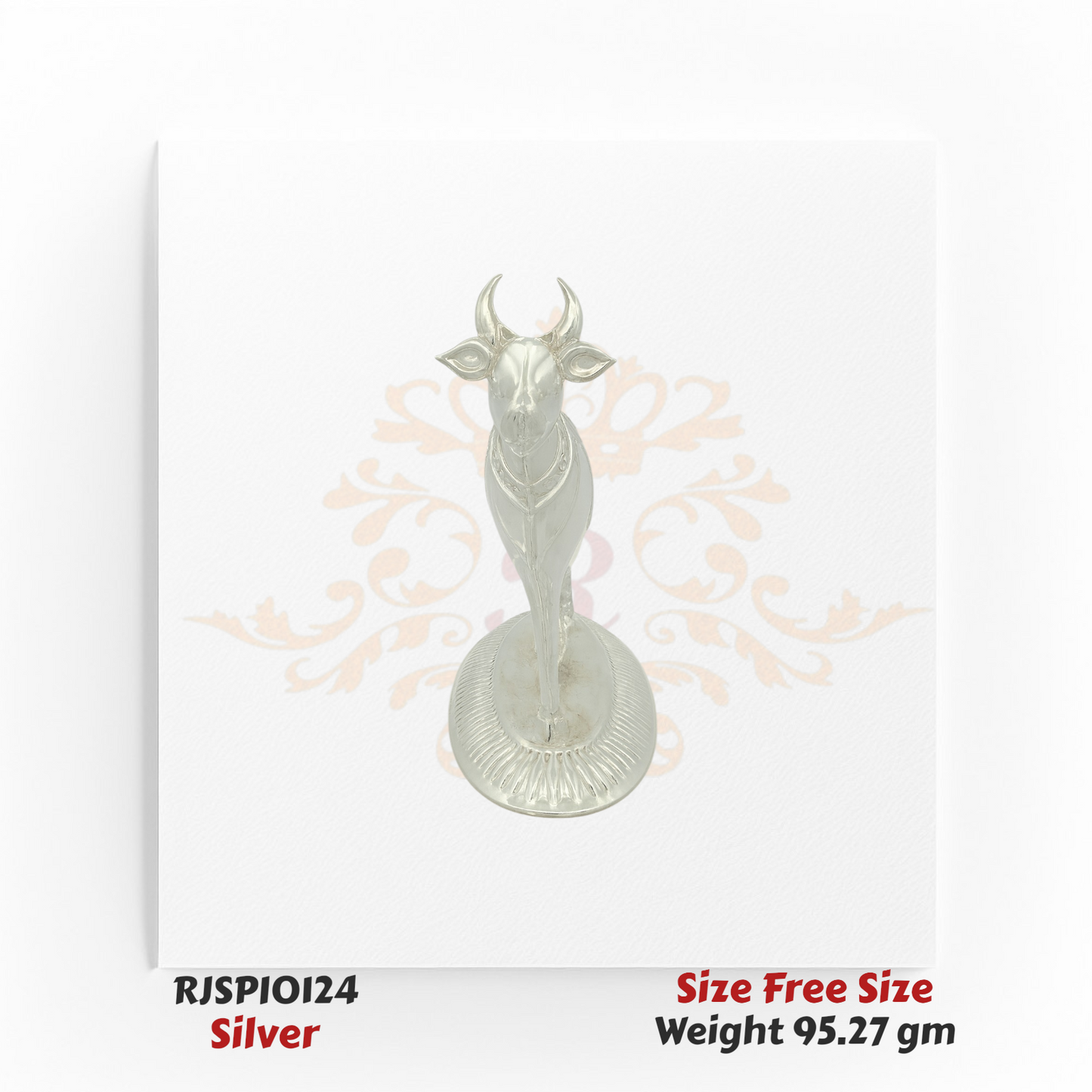 Silver Kamdhenu cow with calf idol front view, handcrafted 95.27 gm statue – Model RJSPI0124, auspicious pooja and vastu decor piece.