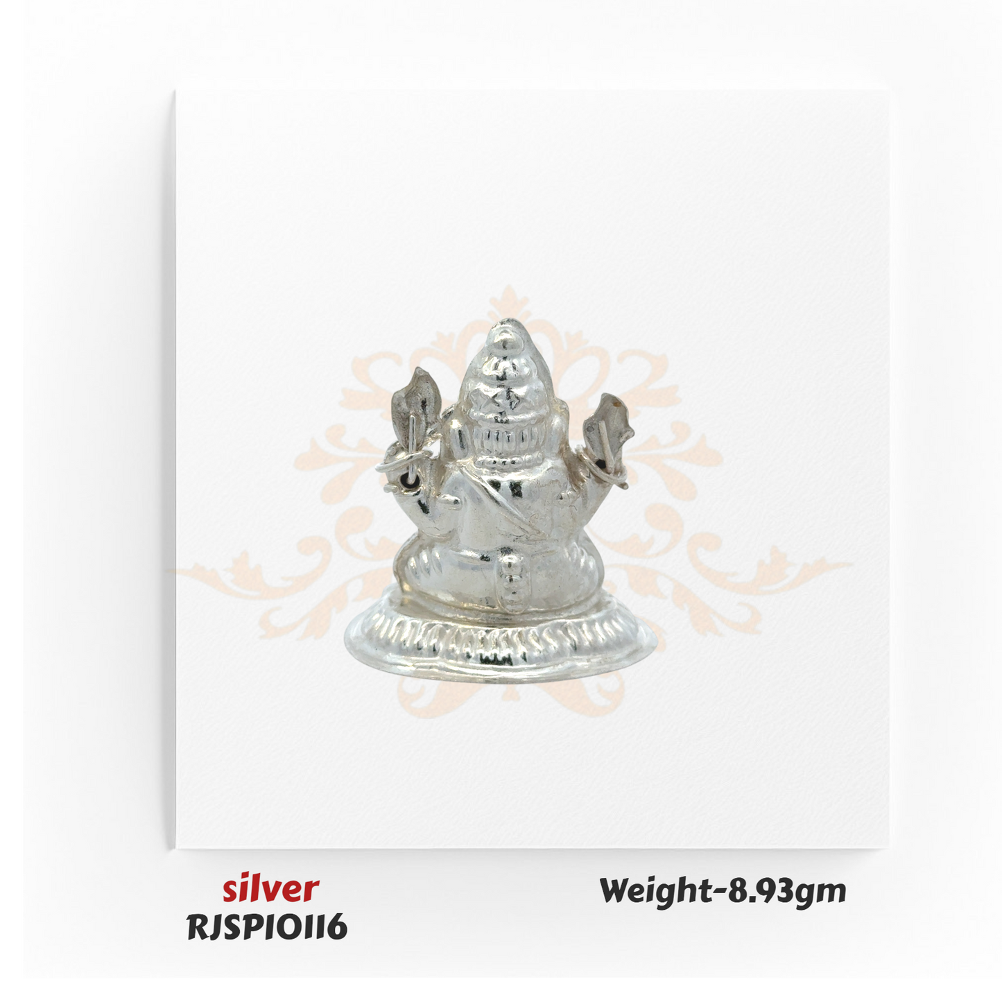 Compact silver Ganesha idol RJSPI0116, weighing 8.93 gm, handcrafted for home mandir, car dashboard, and daily pooja rituals.