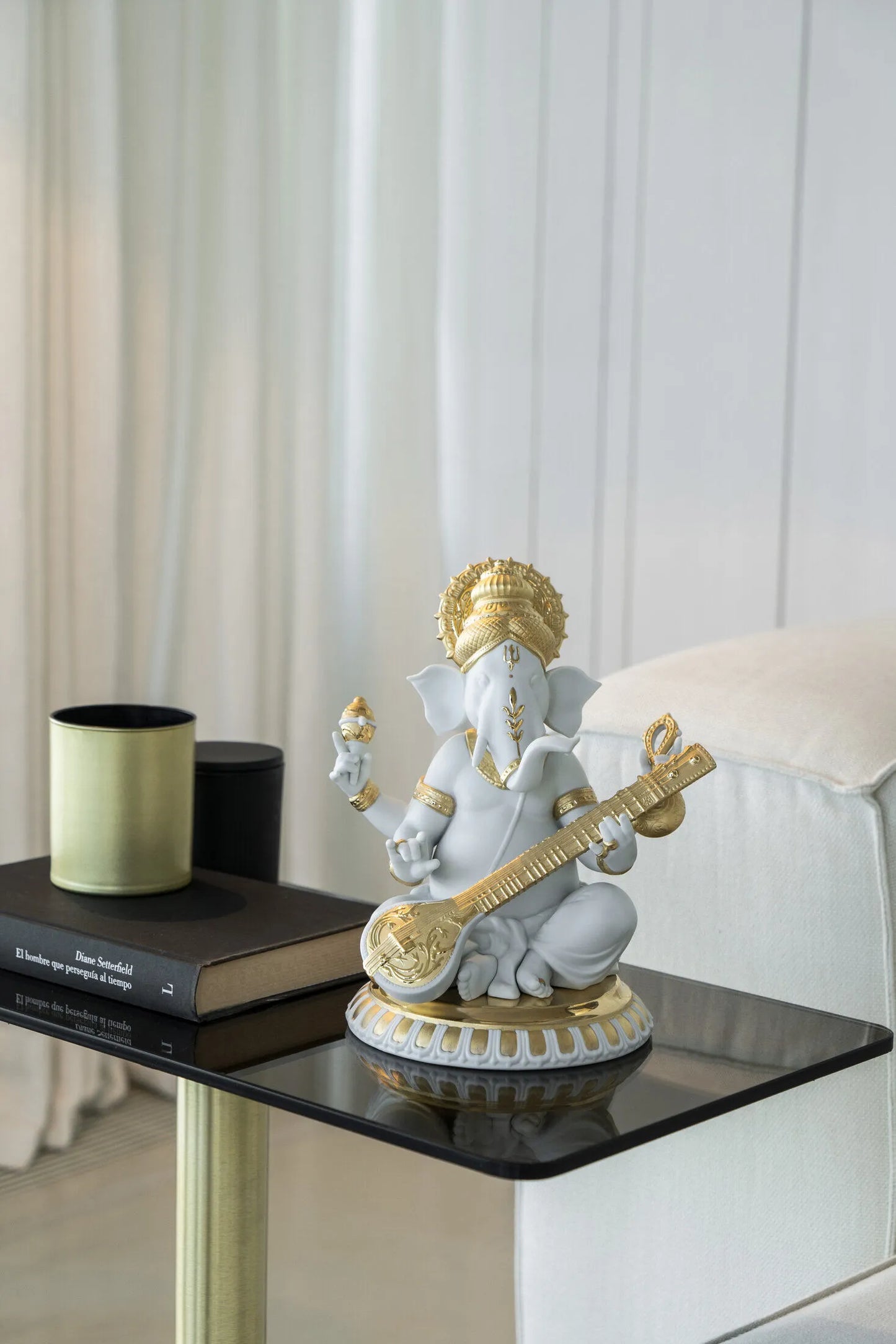 Veena Ganesha Figurine. Golden Lustre