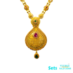 A 22kt gold traditional Indian design with cubic zirconia, ruby, and emerald leaf-looking pendant is a unique and eye-catching piece of jewelry, perfect for special occasions, cultural celebrations. 87.4 gm