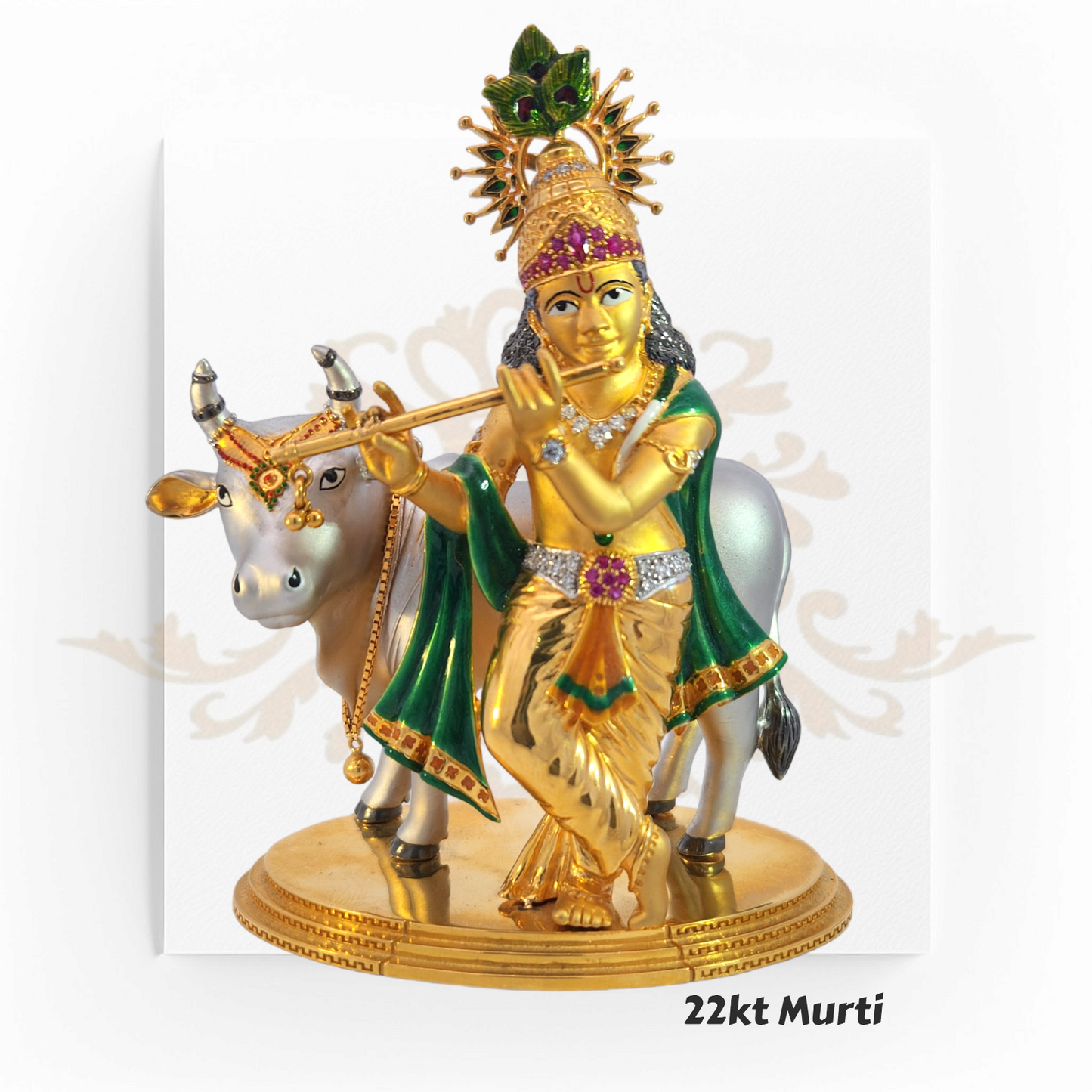 22kt Gold Krishna with Cow Murti – A 286.1-gram divine idol featuring Lord Krishna playing the flute beside a sacred cow, crafted in pure gold at Regal Jewels.