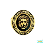 A 22kt gold men's ring with an oval top and green design in yellow gold, and a black enamel background featuring a 3D lion face in oxide is a great gift for a man who appreciates fine craftsmanship and attention to detail. Weight: 10.40 gm Size:10.5