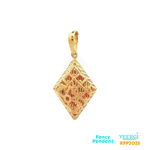 22kt gold pendant in a diamond shape. The pendant is hollow and small in size. It falls under the category of fancy pendants with the SKU (Stock Keeping Unit) RFP2025. The weight of the pendant is 1.5 grams, and it is made of yellow gold. The dimensions of the pendant are 2.5 cm in length and 1.4 cm in width.