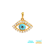 22kt gold pendant featuring the Evil Eye symbol. The pendant is adorned with cubic zirconia stones and blue Minakari enamel work. It falls under the category of fancy pendants with the SKU (Stock Keeping Unit) RFP2032. The weight of the pendant is 2.0 grams, and it is made of yellow gold. The dimensions of the pendant are 3.0 cm in length and 3.0 cm in width.