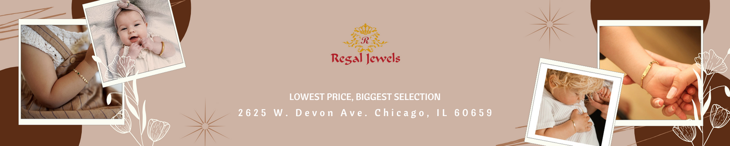 22kt gold baby bangles in an elegant beige and brown theme. Features adorable images of babies and young children wearing gold jewelry. Tagline: "LOWEST PRICE, BIGGEST SELECTION." Store address: 2625 W. Devon Ave., Chicago, IL 60659.