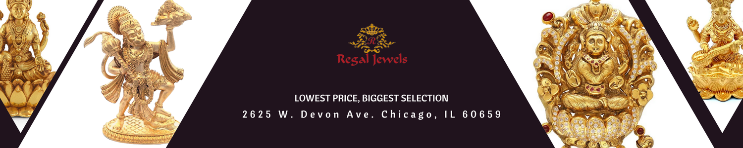 Regal Jewels special offer banner featuring gold deity statues and store details at 2625 W. Devon Ave., Chicago, IL.